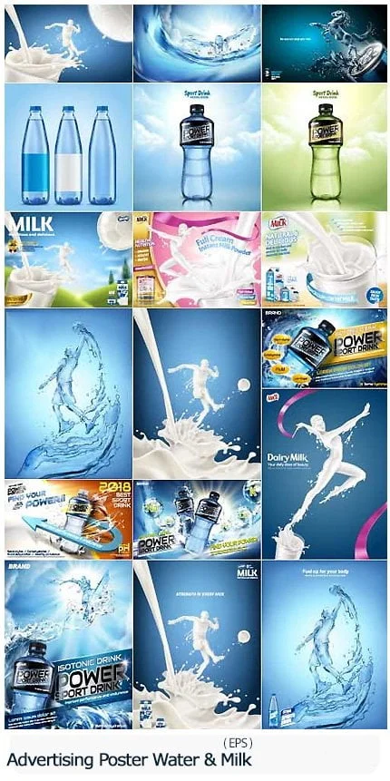 Advertising Poster Concept Energy Drink Water And Milk Vector