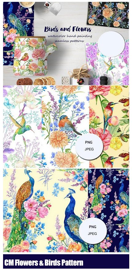 CM Flowers And Birds Watercolor Pattern