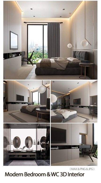 Modern Bedroom And WC 3D Interior Scene