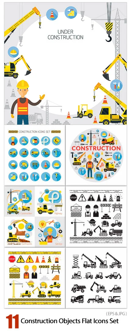 Construction Objects Flat Icons Set