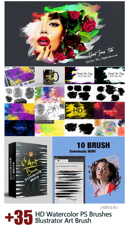 35 HD Watercolor Photoshop Brushes Illustrator Art Brush
