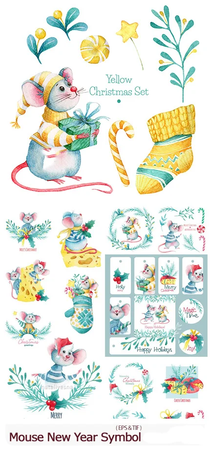 Mouse New Year Symbol Watercolor Illustrations