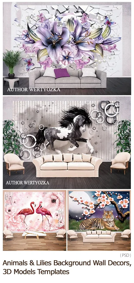Animals And Lilies Background Wall Decors 3D Models Templates