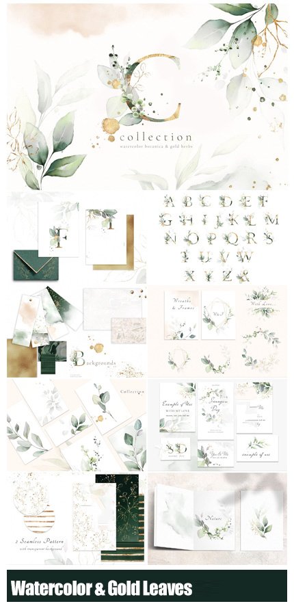 Watercolor And Gold Leaves Collection