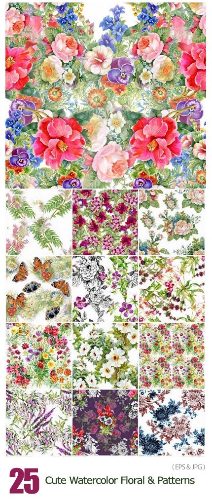 Cute Watercolor Seamless Floral And Other Patterns